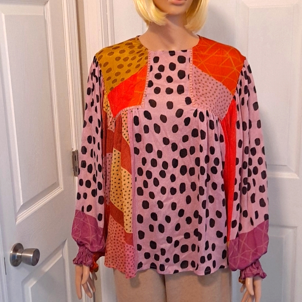 Bla-nk London by Anthropologie Chiffon  Peasant Blouse Pink Leopard Pattern